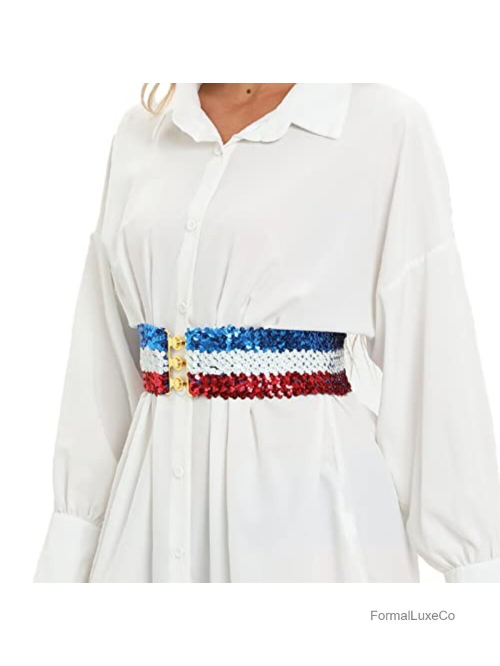 Glitter Sequin Wide Elastic Belt with Metal Buckle Adjustable Waist